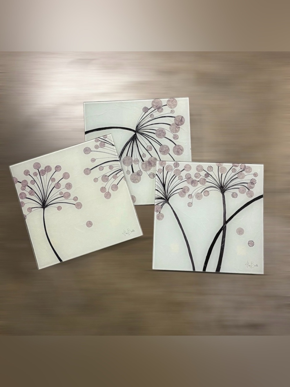 Glass Floating 12 x 12” Floral Art Set of 3 by Alan Buckle